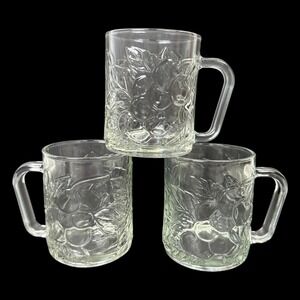 Vintage KIG Indonesia Clear Glass Fruit Mug SET OF 3 Pressed‎ 10oz Coffee 3 7/8"